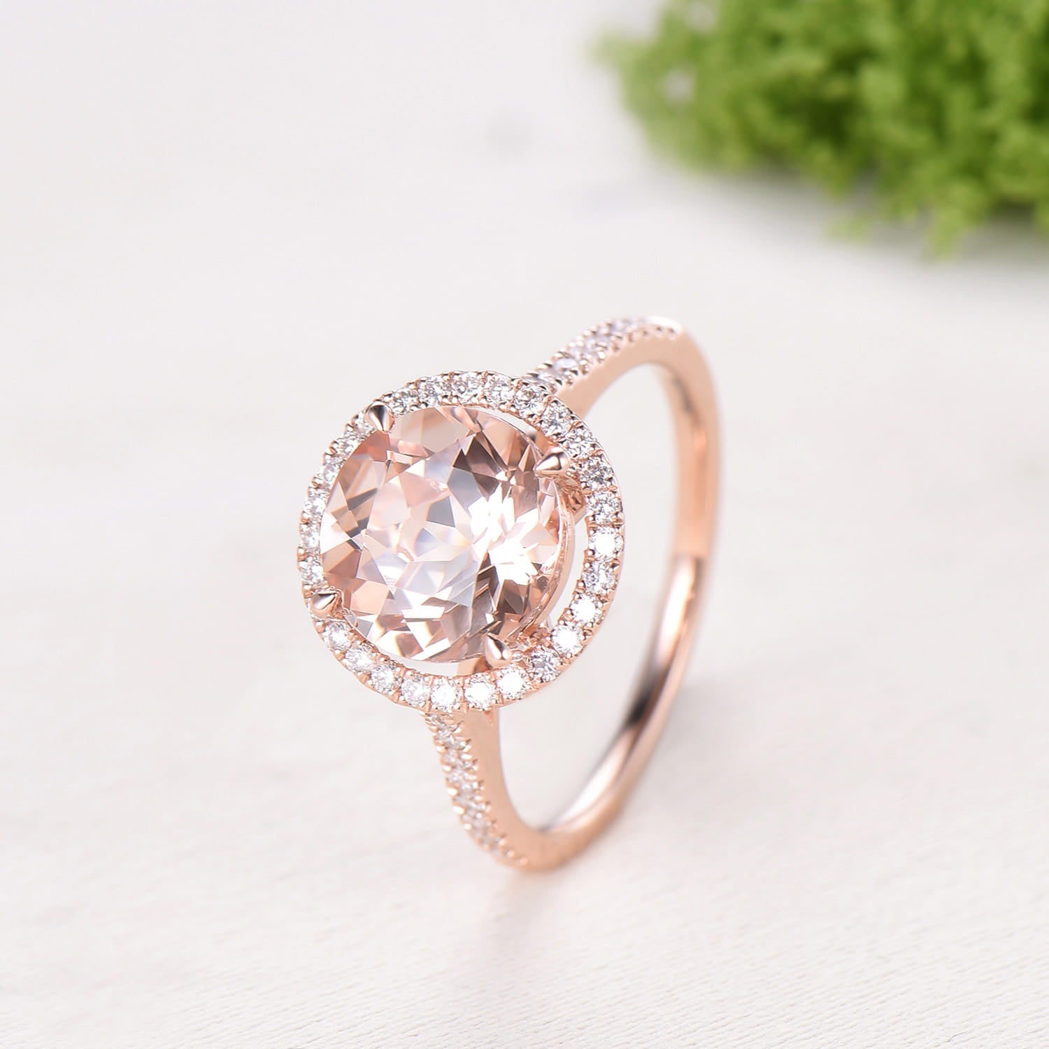 Retro Round Cut Morganite Engagement Ring Rose Gold, Hidden Diamond Halo Basket Setting