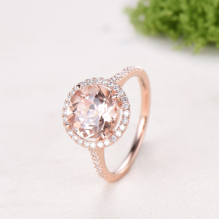 Retro Round Cut Morganite Engagement Ring Rose Gold, Hidden Diamond Halo Basket Setting