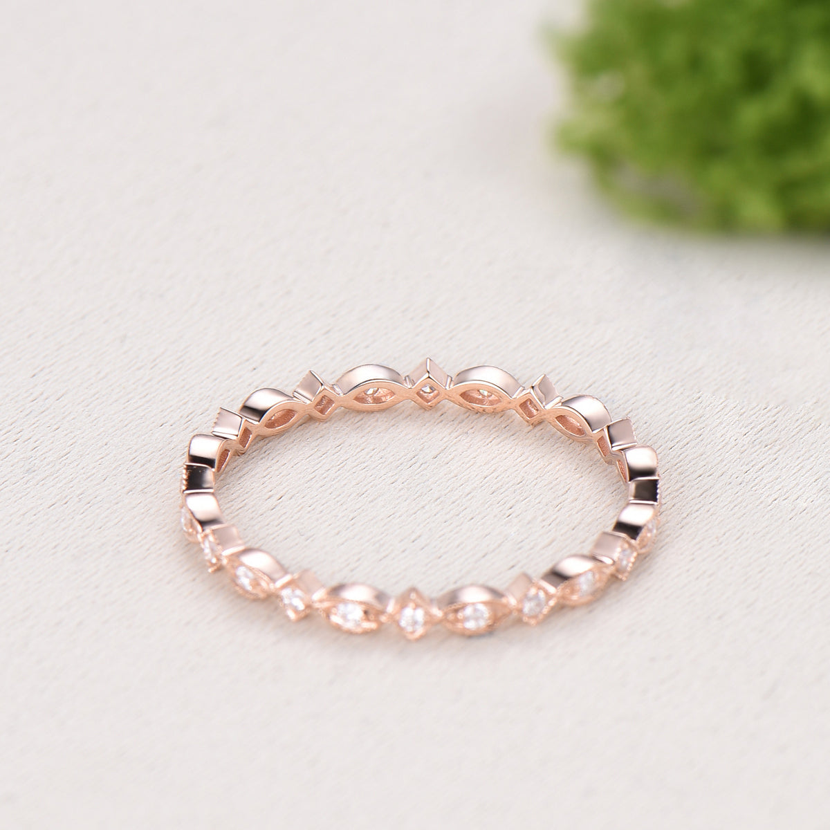 Art Deco Moissanite Diamond Wedding Band, Milgrain Stacking Ring, Vintage Anniversary Gift