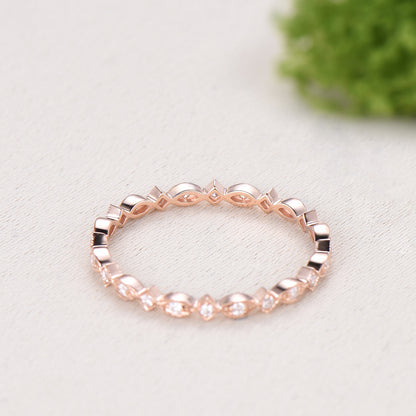 Art Deco Moissanite Diamond Wedding Band, Milgrain Stacking Ring, Vintage Anniversary Gift