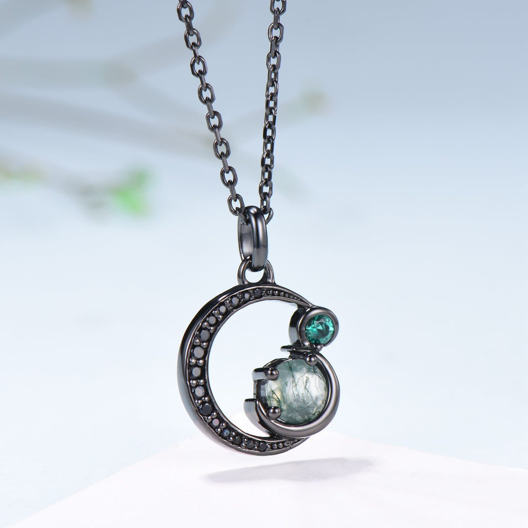 Unique Black Gold Green Moss Agate Necklace Magic Crescent Moon Dainty Agate Pendant Necklace Halloween Gothic Anniversary Gift for Daughter - PENFINE