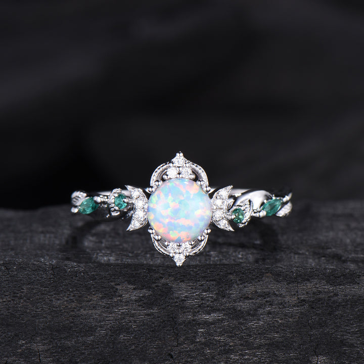 Vintage White Opal Engagement Ring Set Unique Leaves Nature Inspired Emerald Wedding Ring Set Art Deco Green Crystal Moissanite Bridal Set - PENFINE