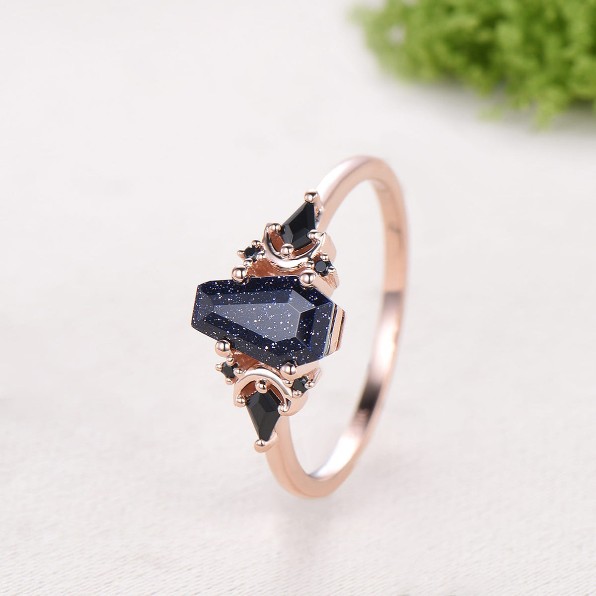 Coffin Blue Sandstone Ring, Kite Black Spinel, Rose Gold Wedding Band