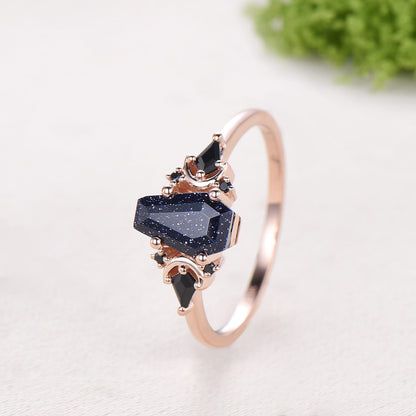 Coffin Blue Sandstone Ring, Kite Black Spinel, Rose Gold Wedding Band