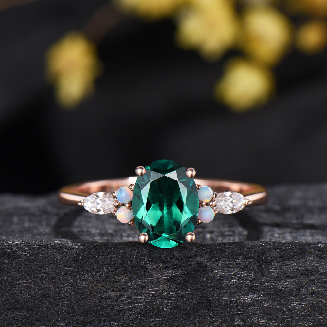 1.5ct Oval Cut Emerald Engagement Ring Set 14K Rose Gold Green Wedding Ring Opal Moissanite Bridal Set Unique Anniversary Gift for Women
