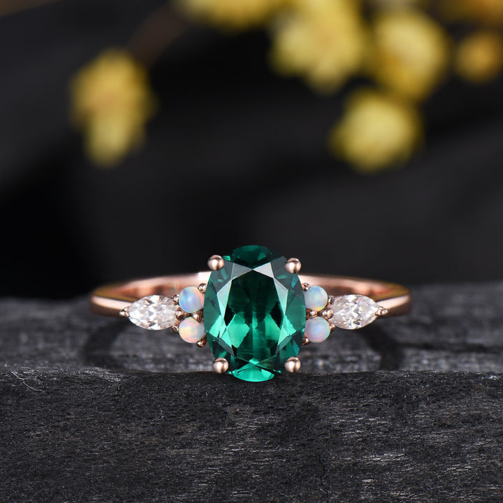 1.5ct Oval Cut Emerald Engagement Ring Set 14K Rose Gold Green Wedding Ring Opal Moissanite Bridal Set Unique Anniversary Gift for Women