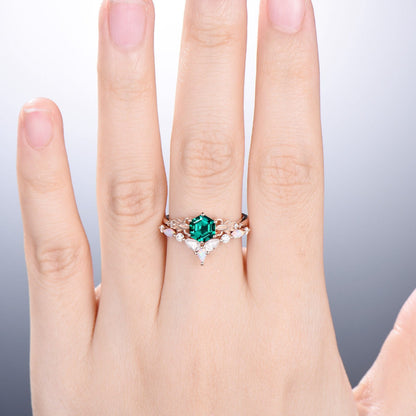 Retro Emerald Engagement Ring Set Vintage Green Crystal Leaf Floral Fire Opal Wedding Ring Art Deco Leaves Flower Bridal Set For Women - PENFINE