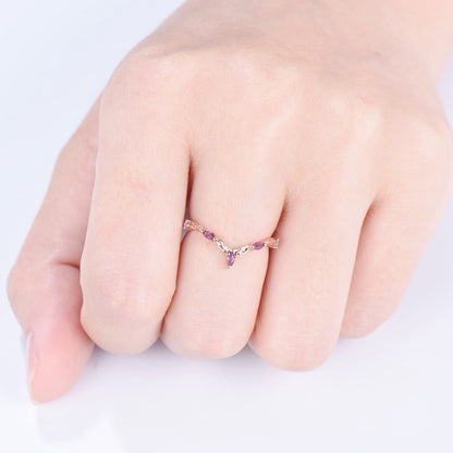 Vintage Curved V amethyst wedding band yellow gold leaf vine matching band purple crystal art deco stacking promise ring anniversary gift - PENFINE