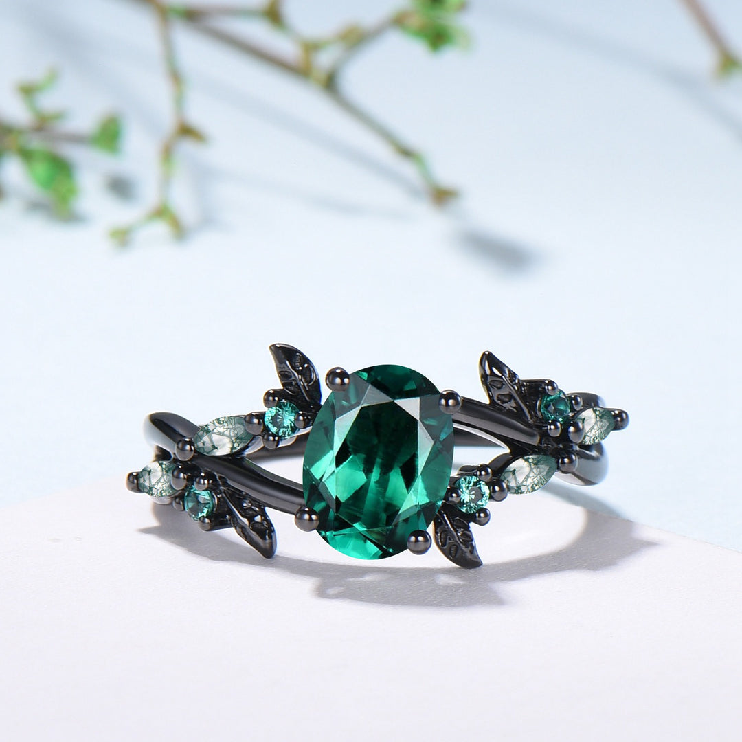Black Gold Emerald Engagement Ring, Gothic Leaf Ring - PENFINE