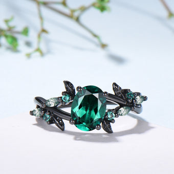 Black Gold Emerald Engagement Ring, Gothic Leaf Ring - PENFINE