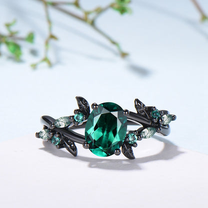 Black Gold Emerald Engagement Ring, Gothic Leaf Ring - PENFINE