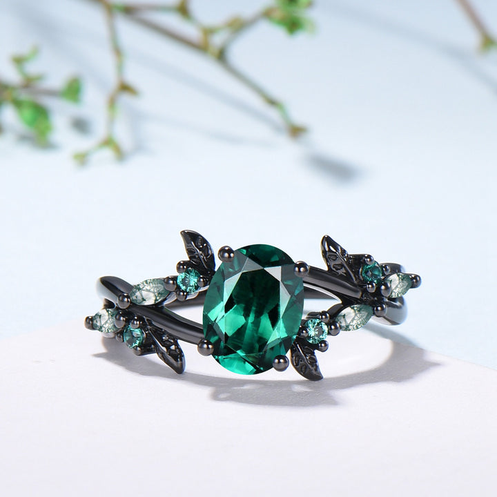 Black Gold Emerald Engagement Ring, Gothic Leaf Ring - PENFINE