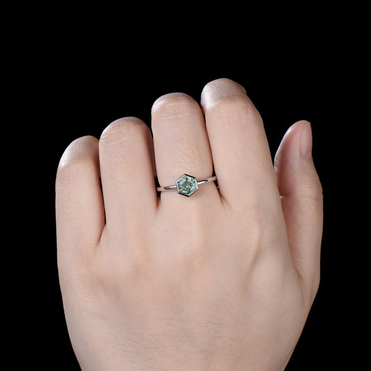 Hexagon Moss Agate Ring, 14k White Gold Solitaire, Vintage Style