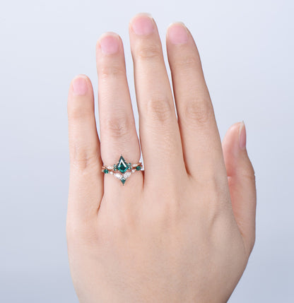 Vintage Kite Cut Emerald Ring For Women Silver Rose Gold Unique Lab Emerald Engagement Ring Art Deco Marquise Milgrain Wedding Ring Set - PENFINE
