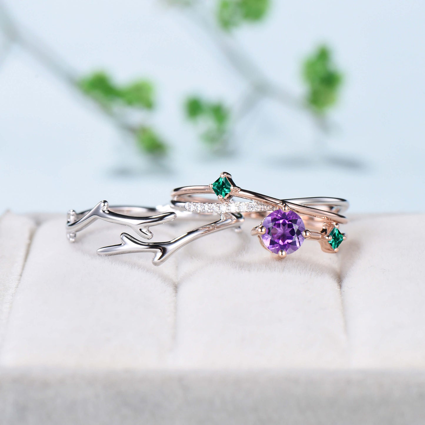 Two-tone gold Twig amethyst engagement ring set dainty Leaf green emerald branch wedding set women Unique natural inspired anniversary gift - PENFINE