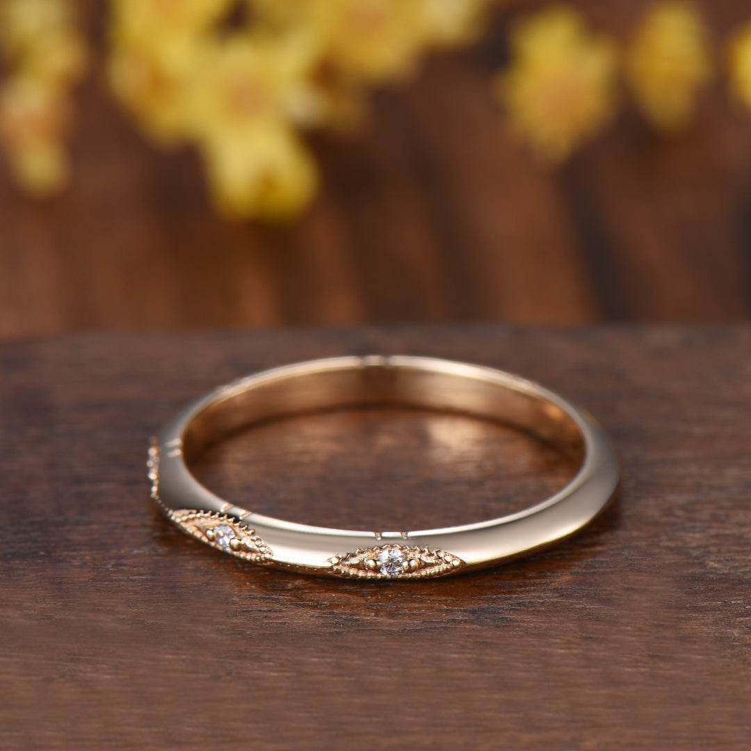 Art Deco Milgrain Diamond Wedding Band, 14K Yellow Gold Vintage Marquise Stacking Ring