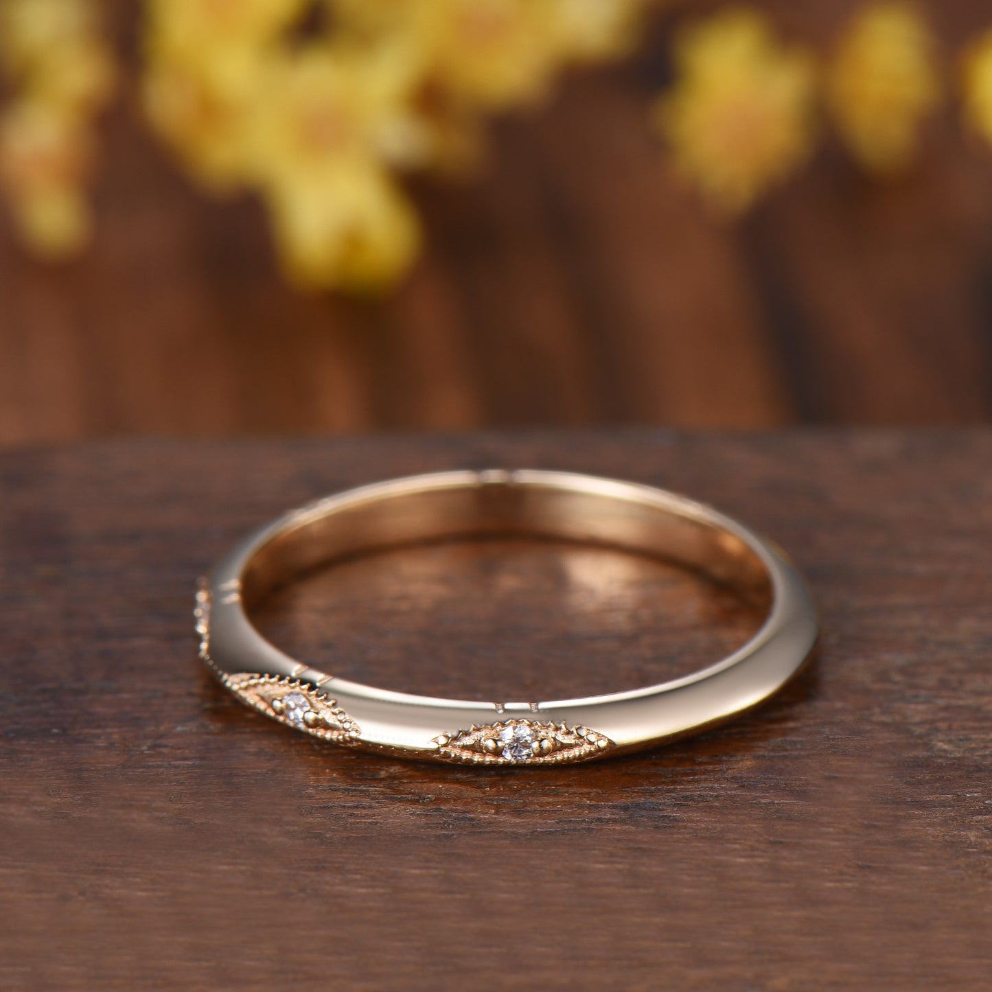 Art Deco Milgrain Diamond Wedding Band, 14K Yellow Gold Vintage Marquise Stacking Ring