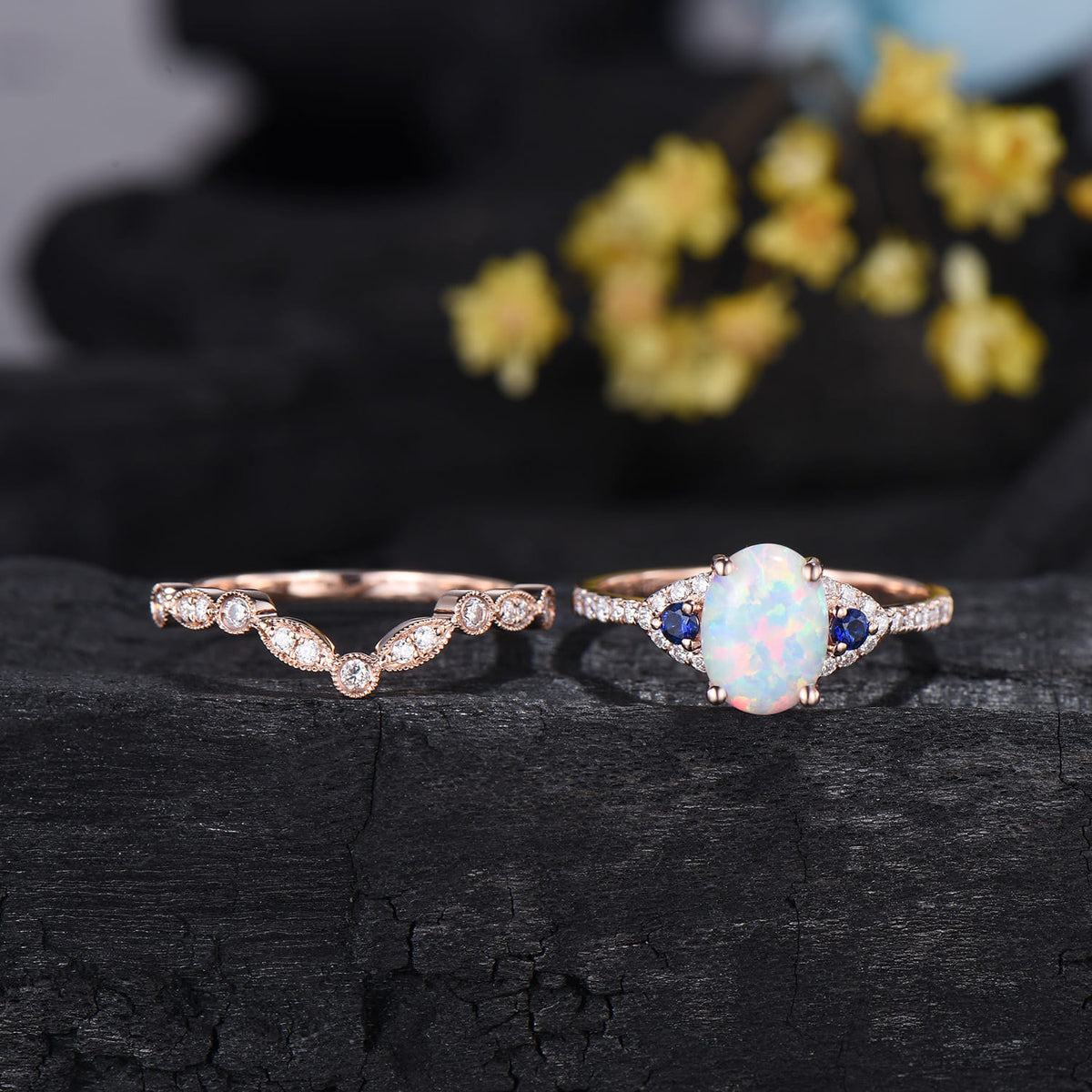 1.5CT Vintage Oval Fire White Opal Engagement Ring: Cluster Blue Sapphire Art Deco Band