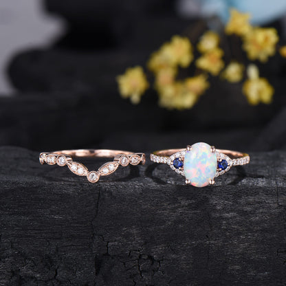 1.5CT Vintage Oval Fire White Opal Engagement Ring: Cluster Blue Sapphire Art Deco Band