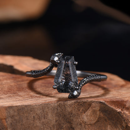 Black Rutilated Quartz Engagement Ring Set - Coffin Gemstone, Black Gold - PENFINE