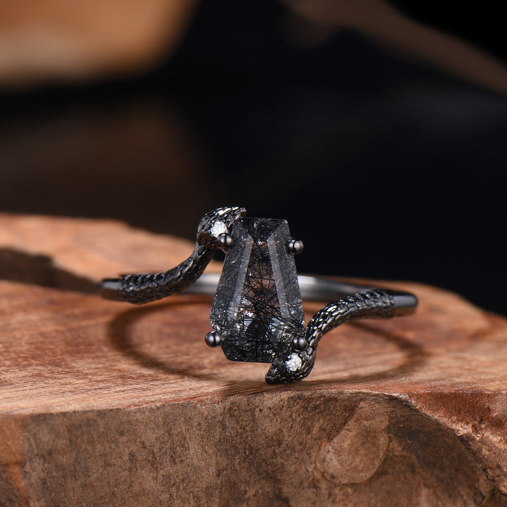 Black Rutilated Quartz Engagement Ring Set - Coffin Gemstone, Black Gold - PENFINE