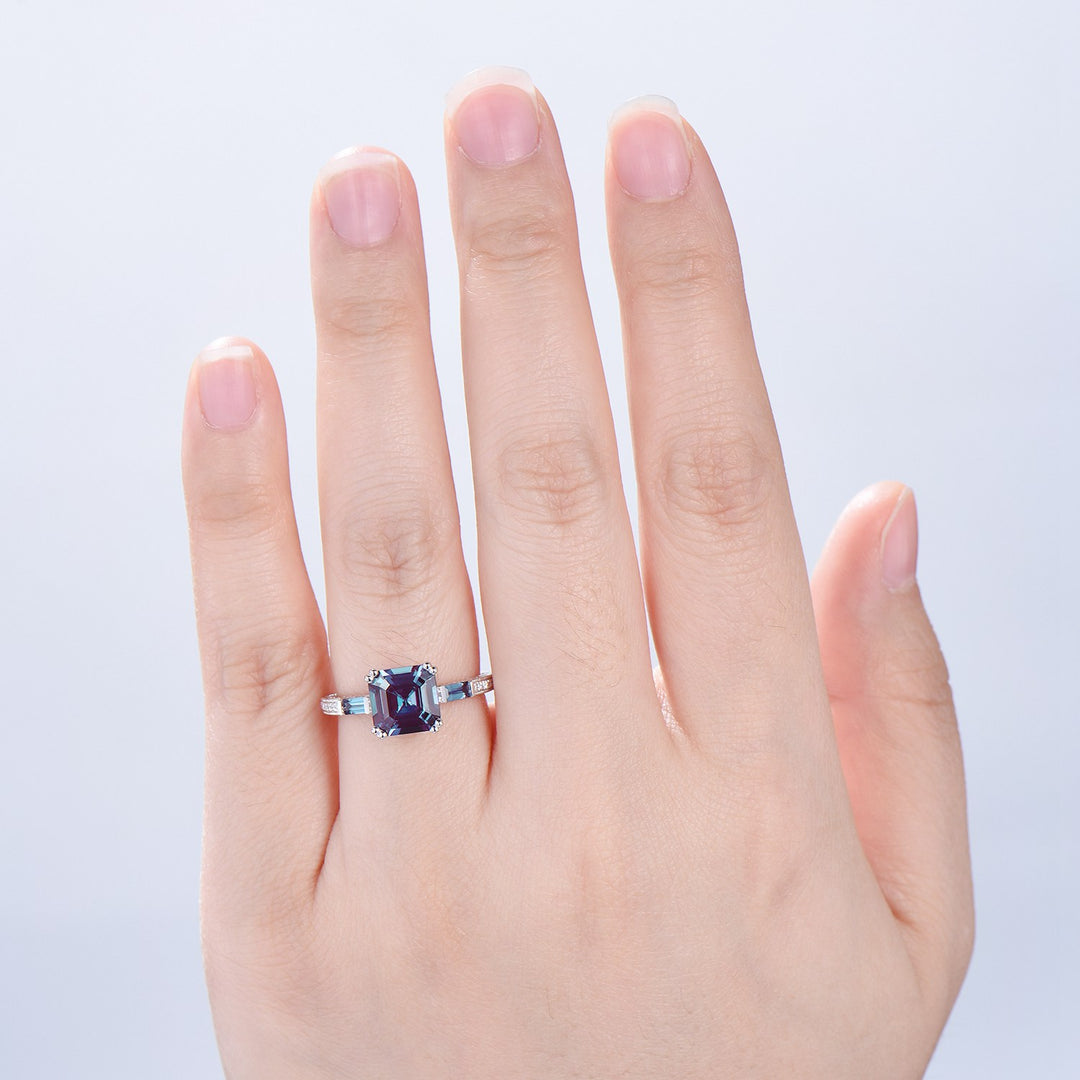 Unique asscher cut alexandrite engagement ring, hidden halo basket setting, 3 stone baguette color change June birthstone anniversary ring - PENFINE