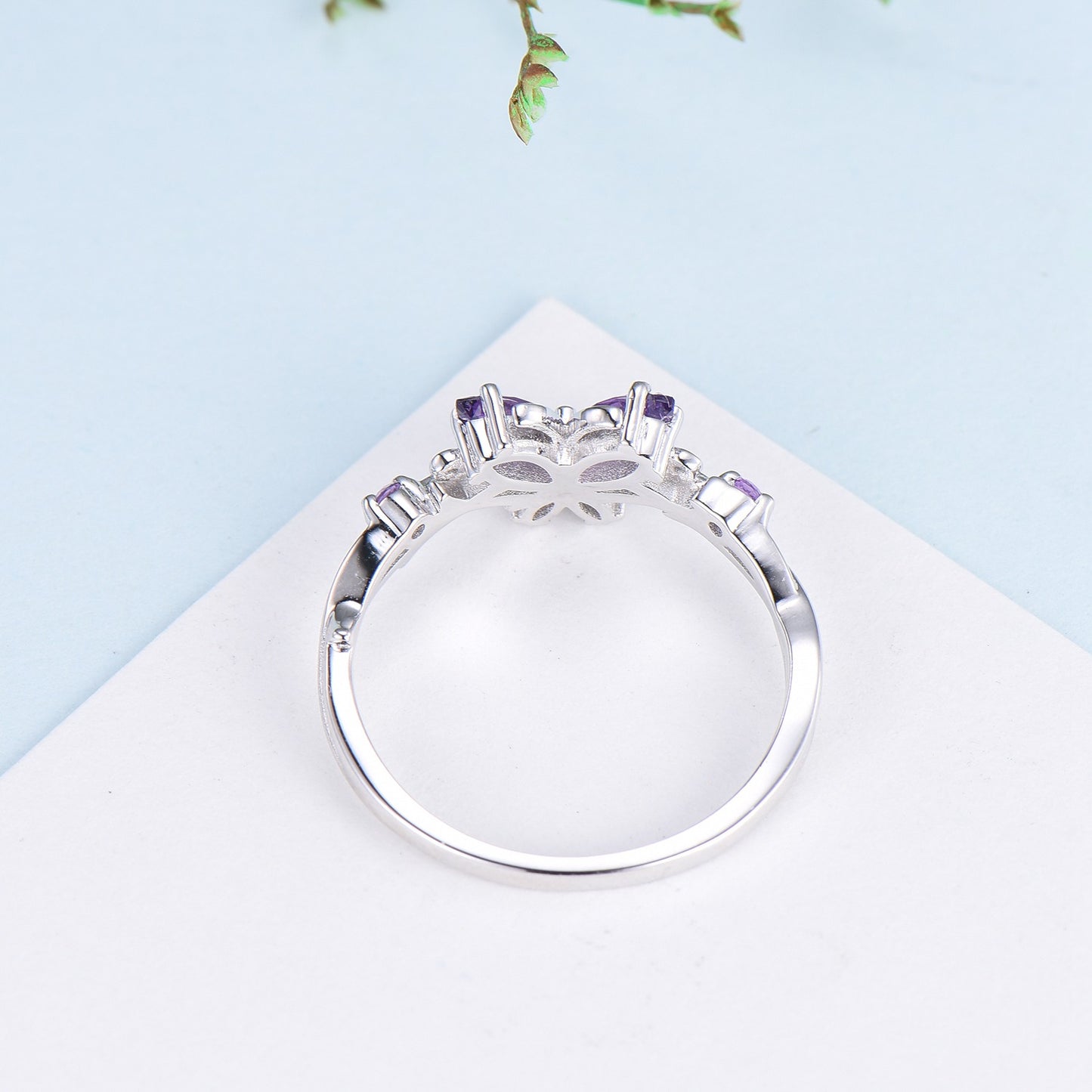 Unique Butterfly wedding ring vintage marquise amethyst engagement ring purple crystal silver white gold custom anniversary gift  for women - PENFINE