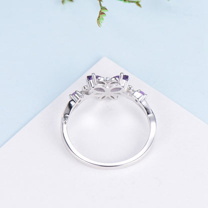 Unique Butterfly wedding ring vintage marquise amethyst engagement ring purple crystal silver white gold custom anniversary gift  for women - PENFINE