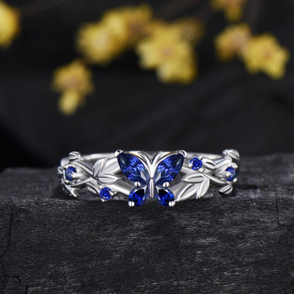 Blue Sapphire Butterfly Bridal Ring Set Leaf Twisted White Gold Engagement Ring
