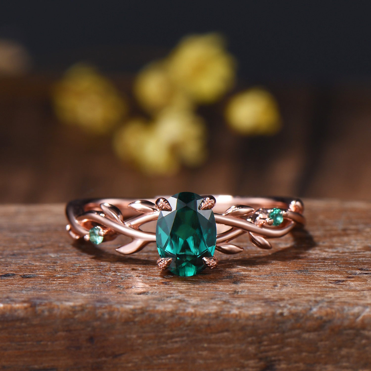 Emerald Engagement Ring Set with Blue Sapphire Wedding Band ¨C Leaf Vine Design