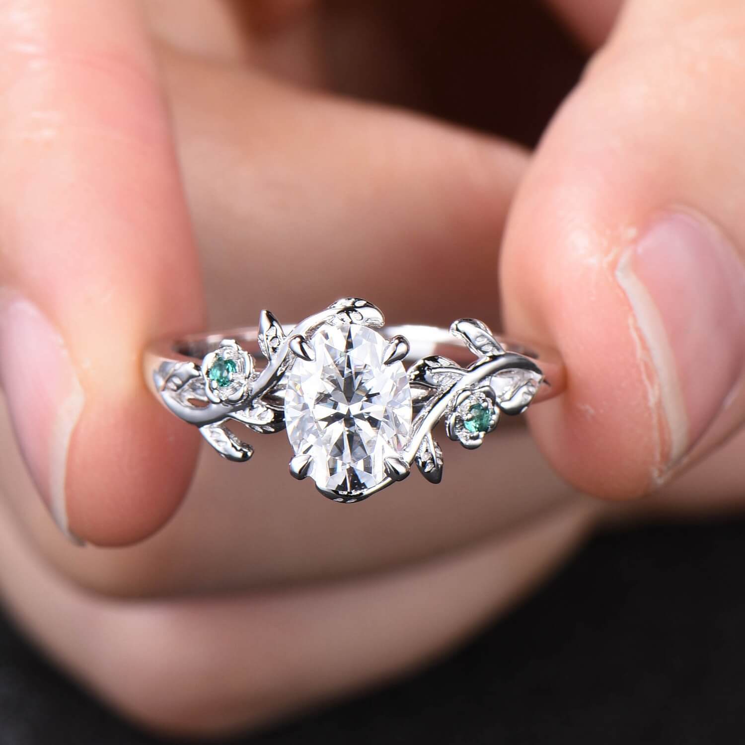 Vintage Floral moissanite emerald wedding ring set Nature Inspired flower engagement ring set unique twig leaf branch bridal ring set women - PENFINE