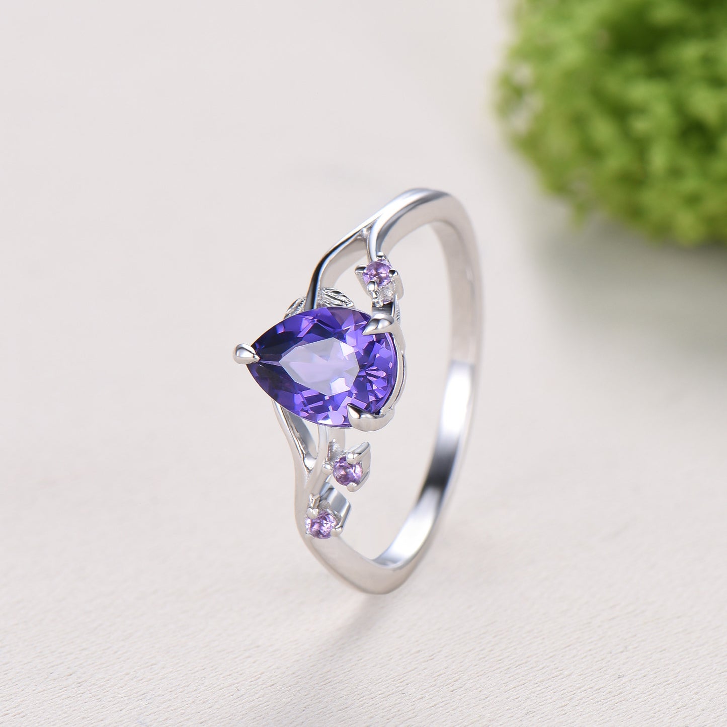 Vintage Pear Shaped Purple Sapphire Engagement Ring, Nature Inspired Leaf Twig Gold Ring, Accent Amethyst Split Shank Anniversary Ring - PENFINE