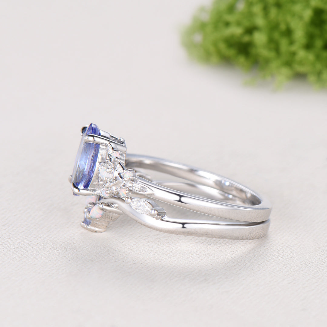 Floral Oval Tanzanite Engagement Ring Set, White Gold Twig Vine Opal Band, Nature Inspired Wedding Bridal Set