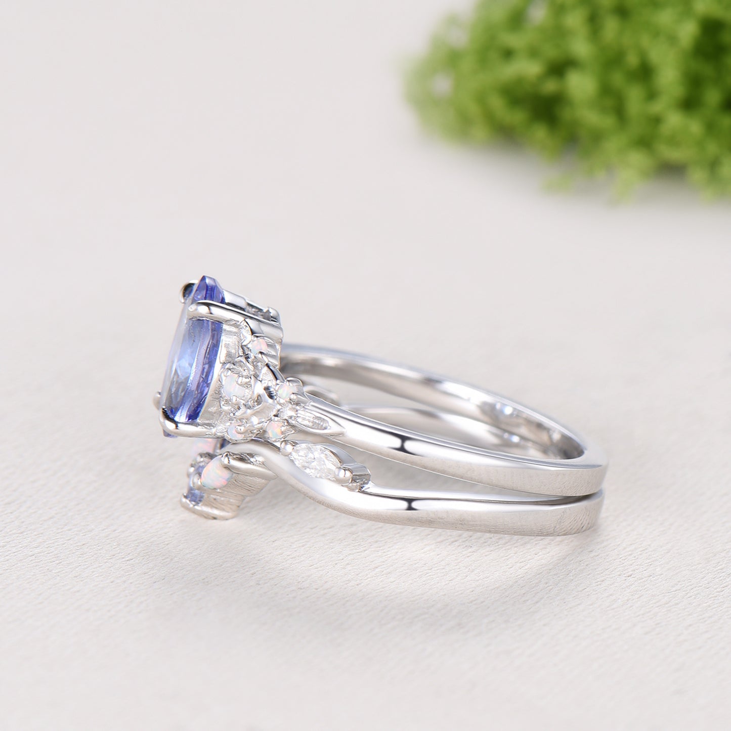 Floral Oval Tanzanite Engagement Ring Set, White Gold Twig Vine Opal Band, Nature Inspired Wedding Bridal Set