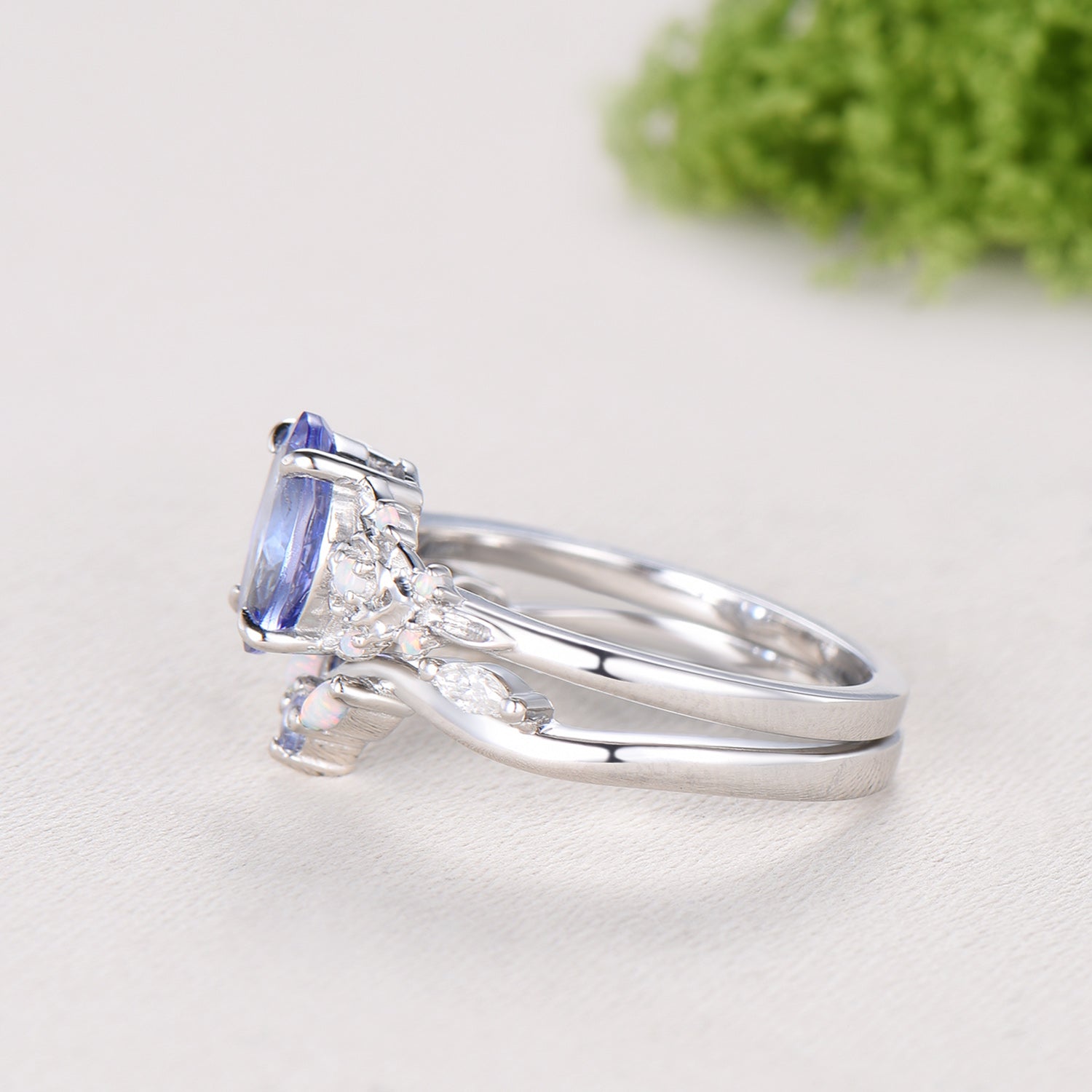 Floral Oval Tanzanite Engagement Ring Set, White Gold Twig Vine Opal Band, Nature Inspired Wedding Bridal Set