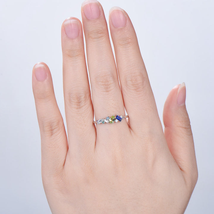 Multi-Gemstone Cluster Wedding Ring | Peridot, Amethyst, Topaz, Sapphire & Aquamarine - PENFINE
