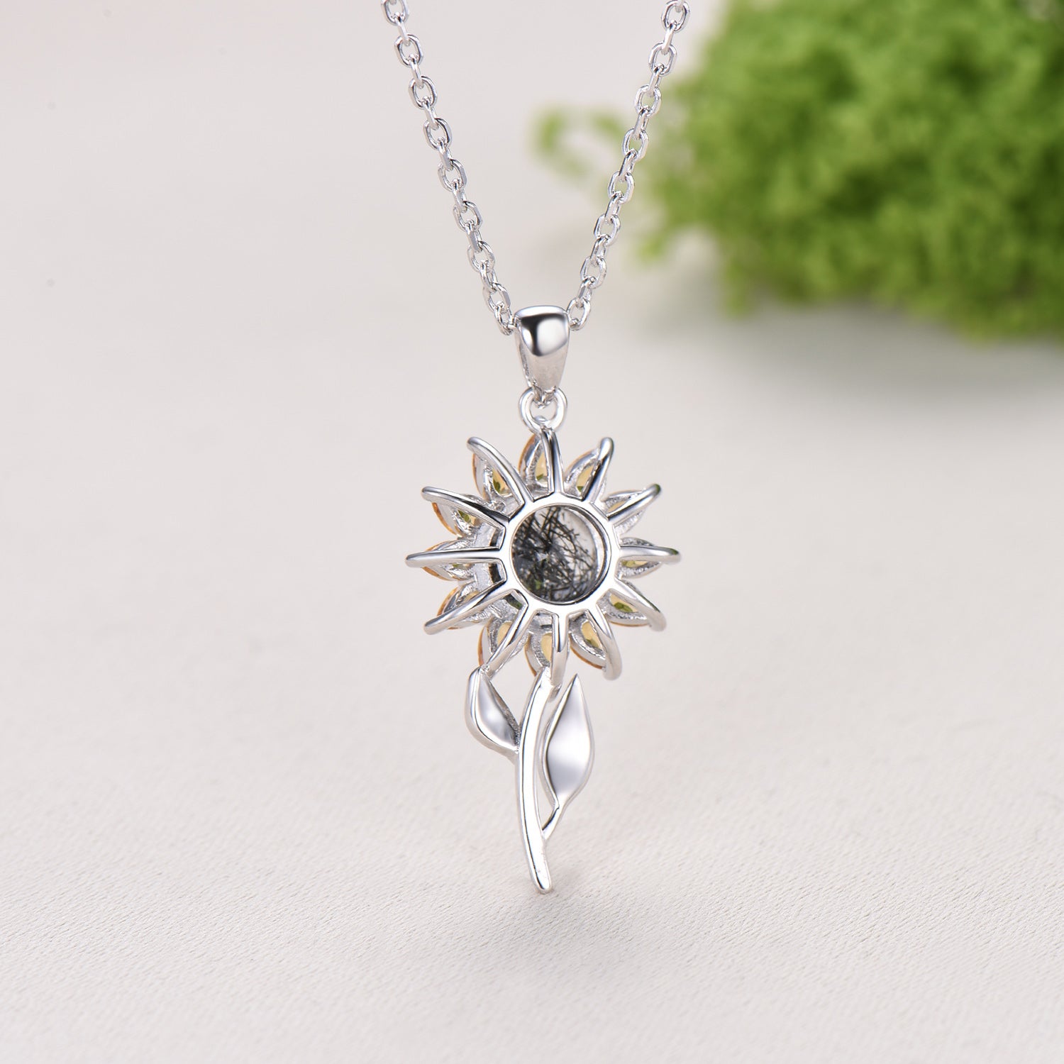 Black Rutilated Quartz Sunflower Necklace, Citrine Halo, 14K Gold Floral Pendant - PENFINE