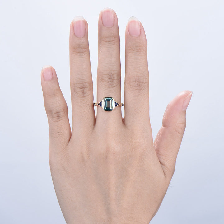 Unique Emerald Cut Green Sapphire Engagement Ring Bezel Set Trillion Blue Sapphire Five Stone Wedding Ring Anniversary Ring Gift for Women - PENFINE