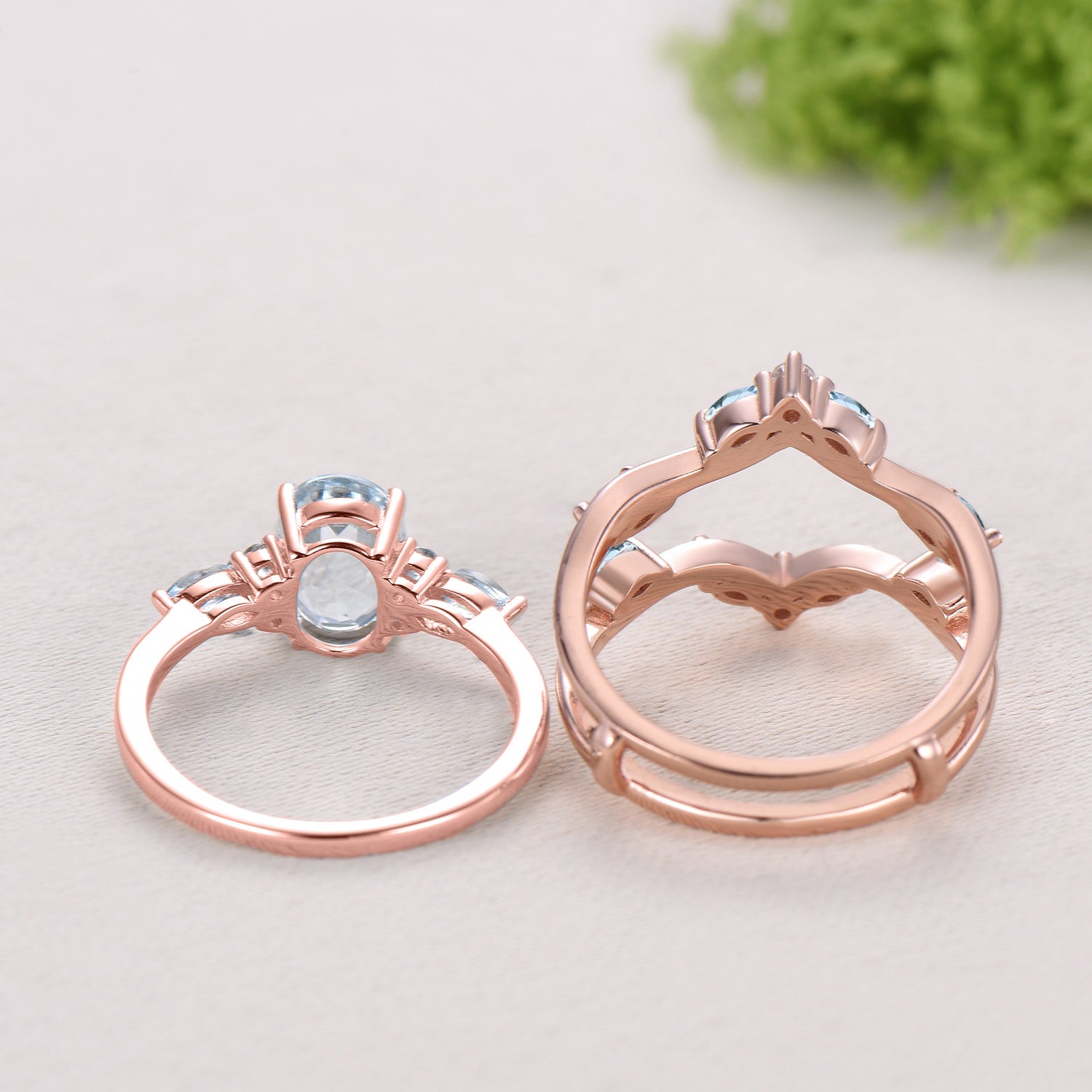 1.5CT Oval Natural Aquamarine Engagement Ring Set Cluster Marquise Gem Wedding Set March Birthstone Enhancer Band