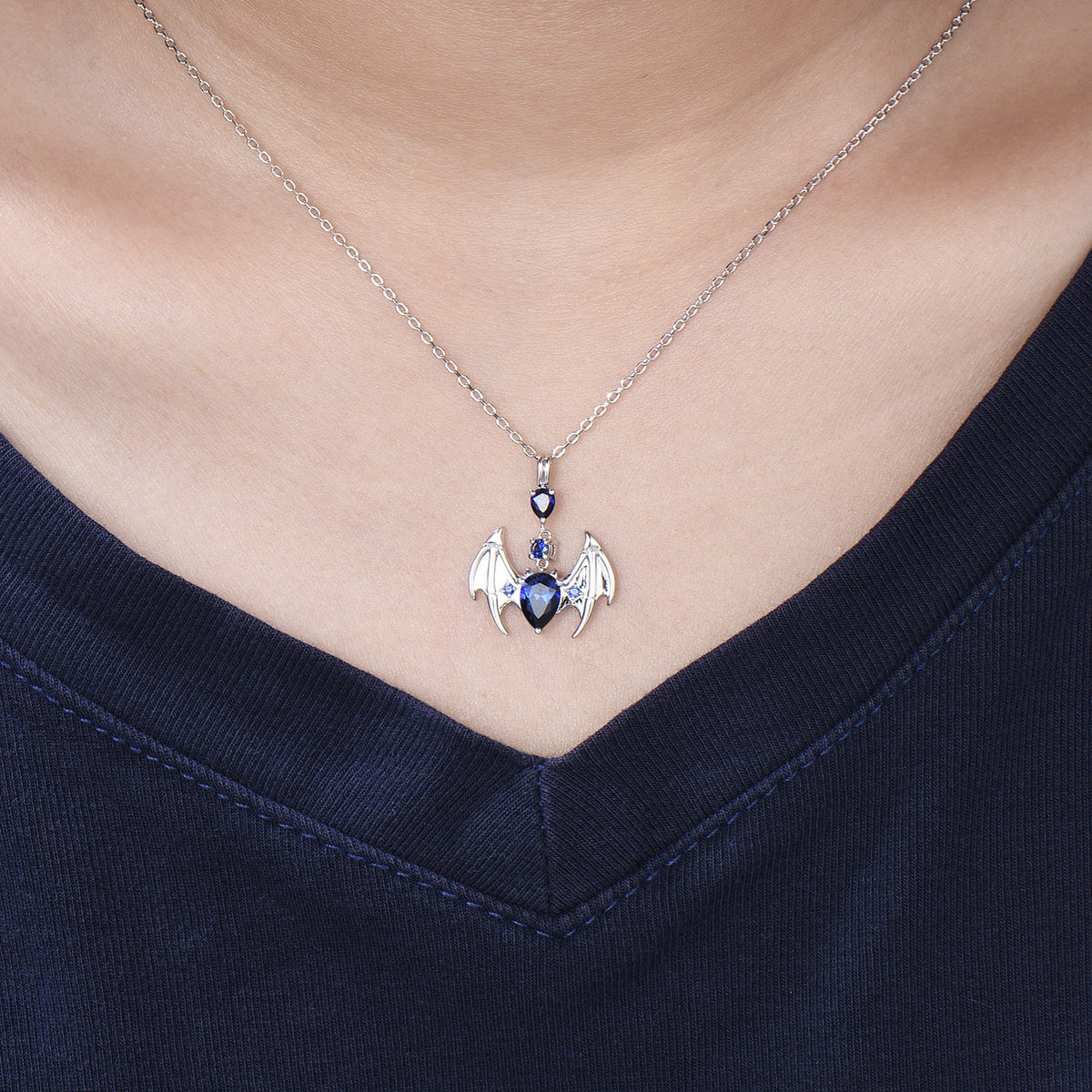 Gothic Bat Sapphire Necklace, Pear Cut Blue Sapphire Pendant, Vampire Bat Wings Jewelry, Dark Academia Charm, Halloween Gift for Her
