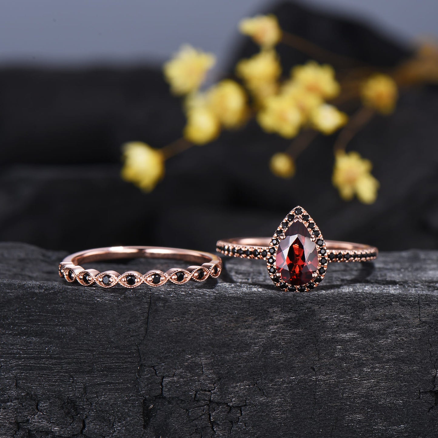 Vintage Garnet Engagement Ring Set Rose Gold 5x8 mm Pear Shaped January Birthstone Wedding Ring Art Deco Black Spinel Band Bridal Set