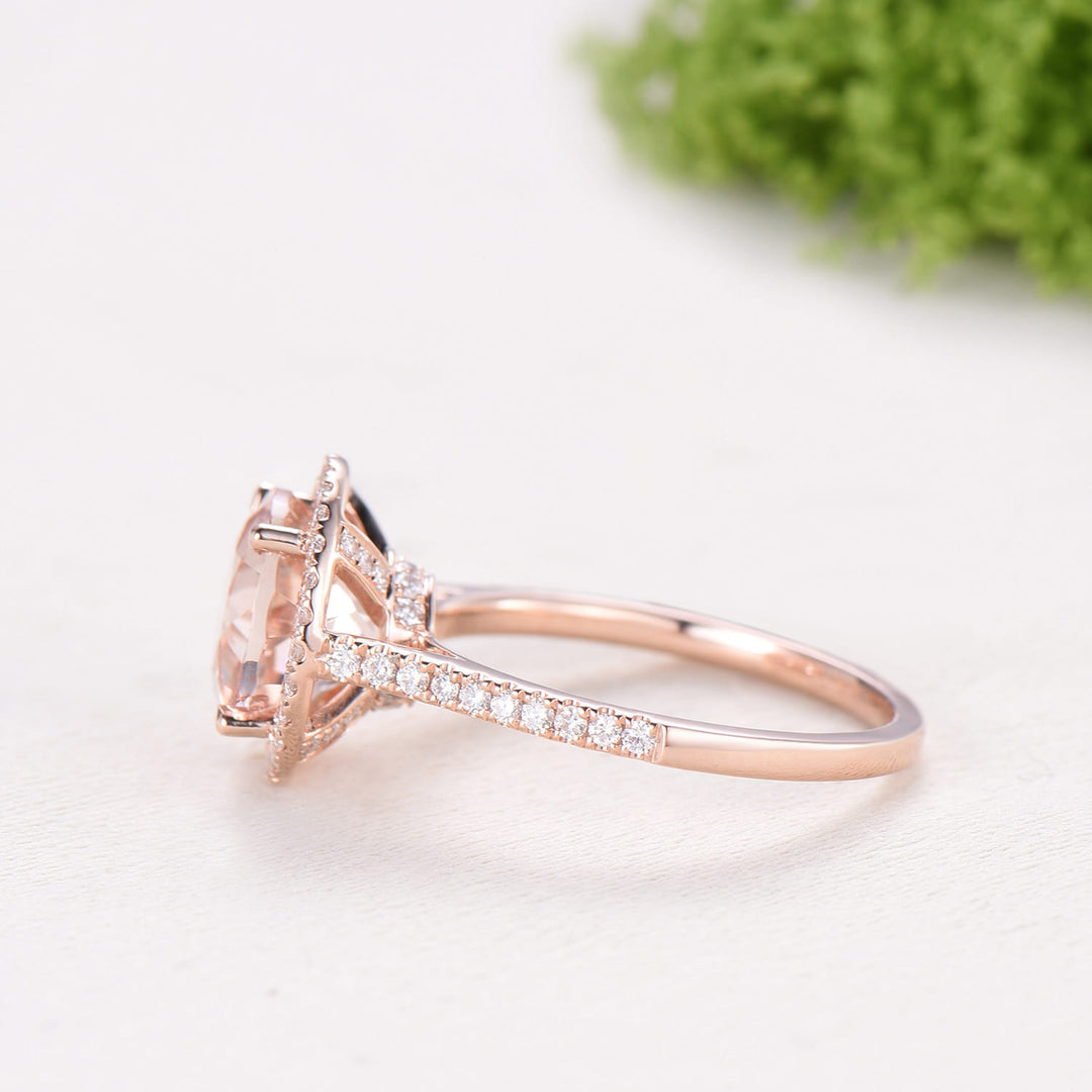 Retro Round Cut Morganite Engagement Ring Rose Gold, Hidden Diamond Halo Basket Setting