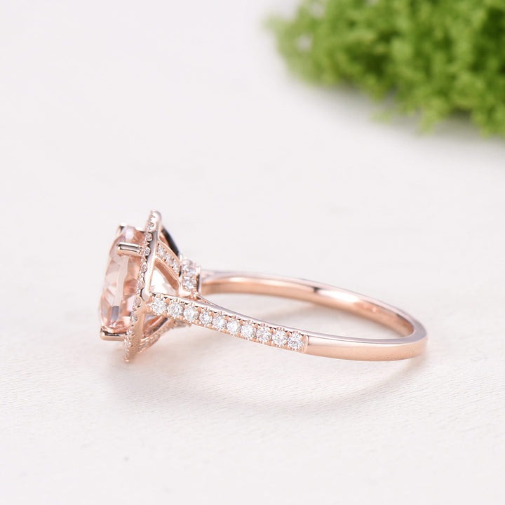 Retro Round Cut Morganite Engagement Ring Rose Gold, Hidden Diamond Halo Basket Setting
