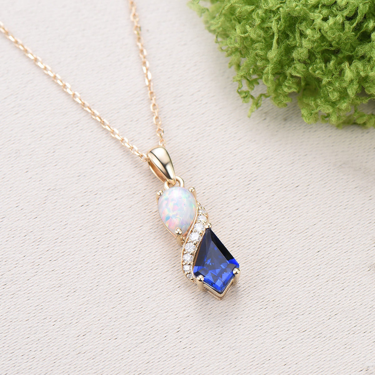 Unique Opal Sapphire Necklace Pendant Women Alternative Moissanite Pear Shaped Opal & Kite Blue Sapphire