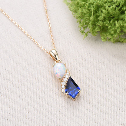 Unique Opal Sapphire Necklace Pendant Women Alternative Moissanite Pear Shaped Opal & Kite Blue Sapphire