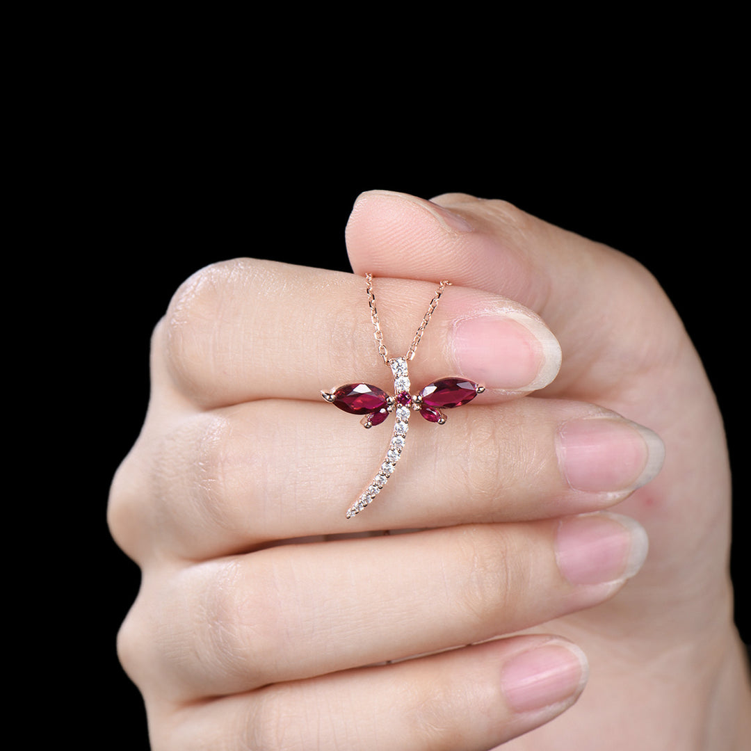 Vintage dragonfly necklace Unique lab red ruby necklace pendant cute silver 14k rose gold July birthstone pendant handmade proposal gifts - PENFINE