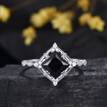 2CT Art deco princess cut black onyx engagement ring set