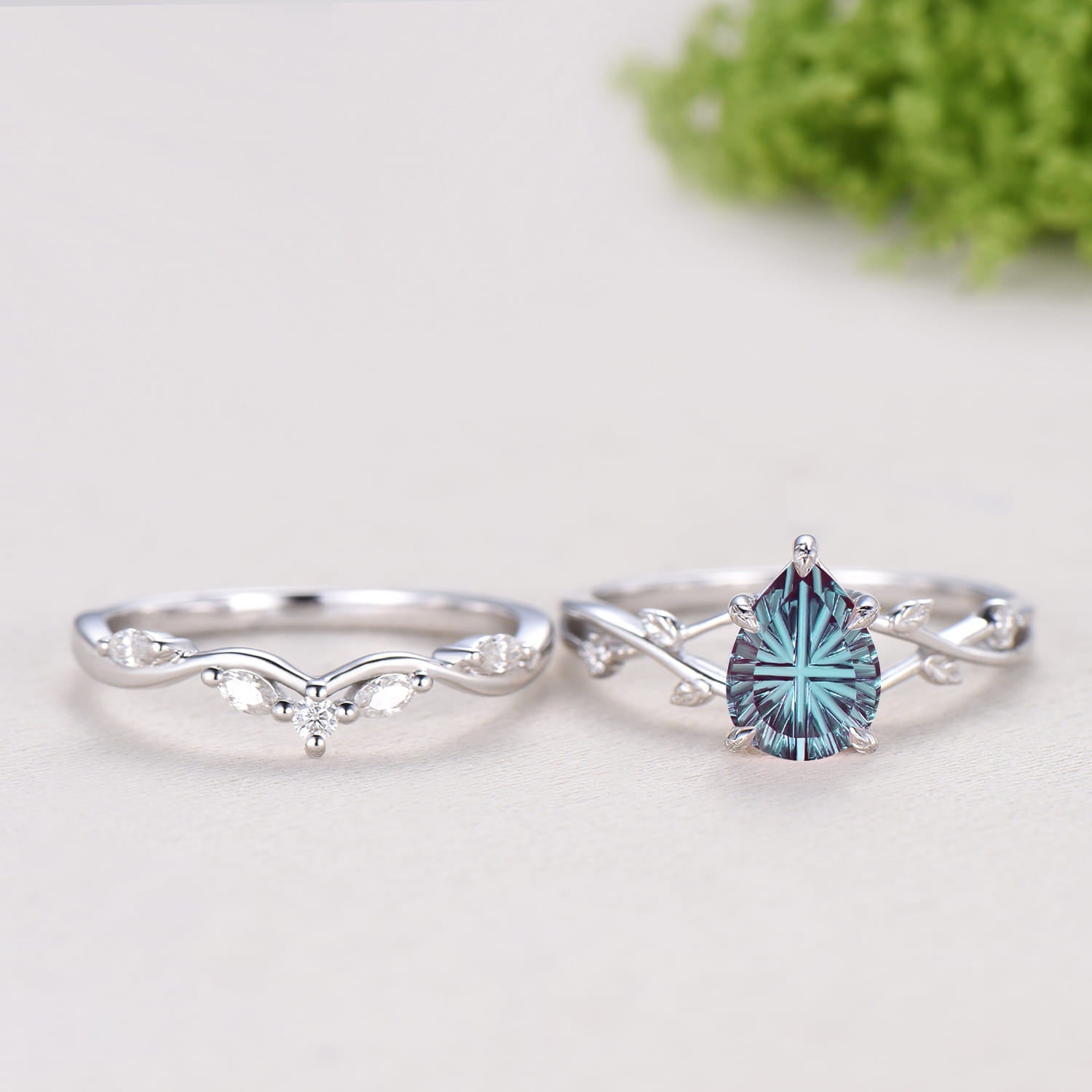 Pear Cut Starburst Alexandrite Engagement Ring Set | Twig Vine Color Change Stone Wedding Set
