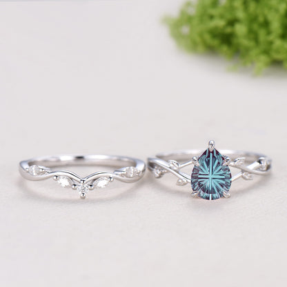 Pear Cut Starburst Alexandrite Engagement Ring Set | Twig Vine Color Change Stone Wedding Set