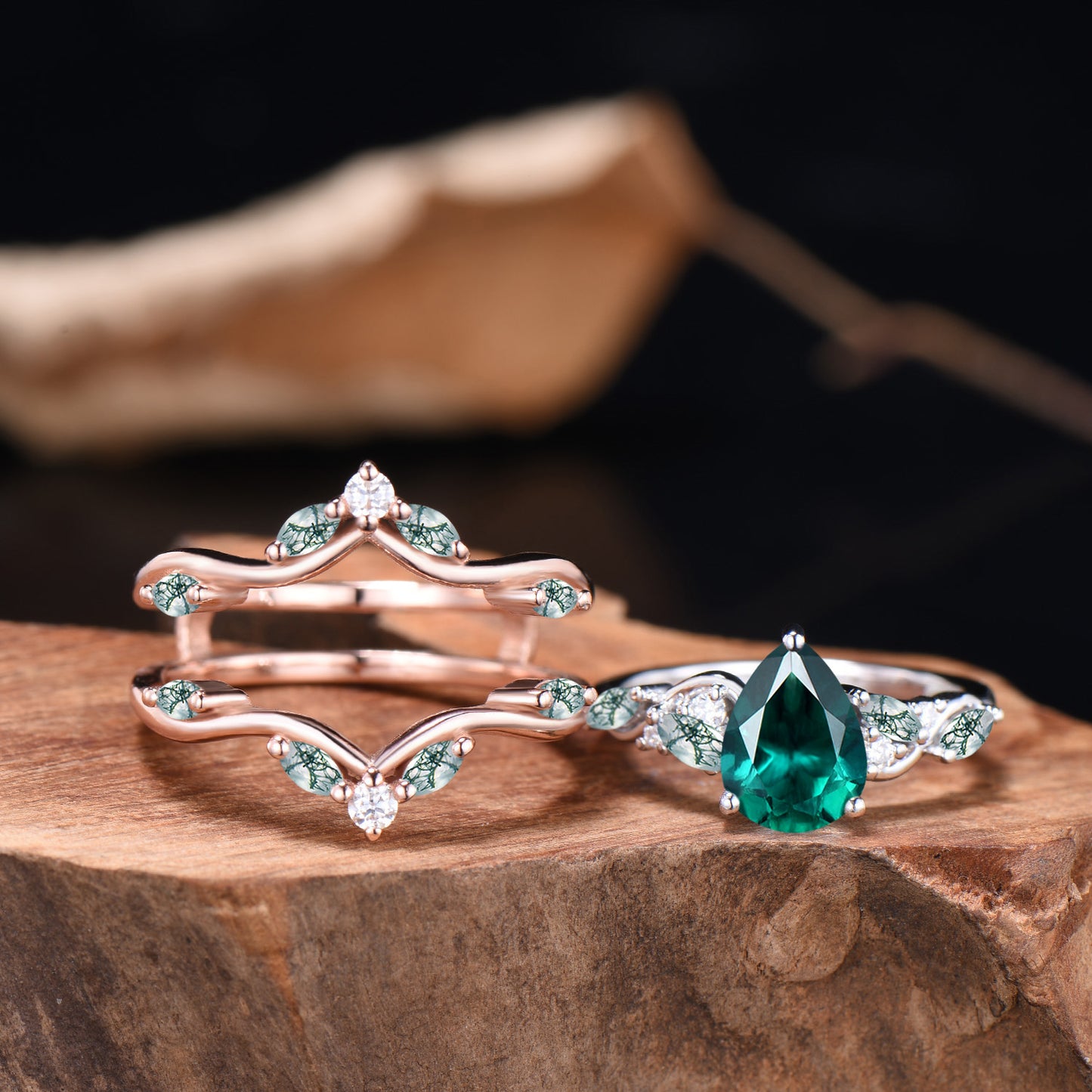 Pear Shaped Emerald Wedding Ring Set Rose Gold Cluster Enhancer Moss Agate Bridal Set